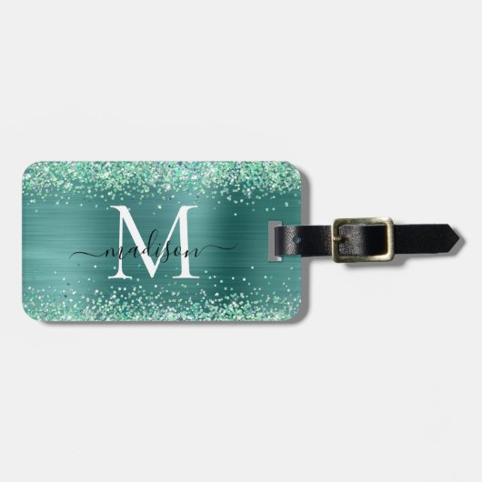 Étiquette À Bagage Parties scintillant verte turquoise brossé Monogra (Devant horizontal)