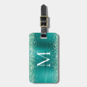 Étiquette À Bagage Parties scintillant verte turquoise brossé Monogra (Devant Vertical)