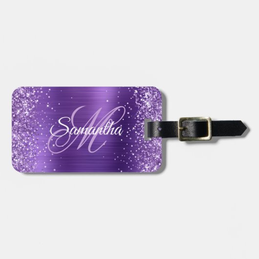 Étiquette À Bagage Parties scintillant violet Améthyste Foil Fancy Mo (Devant horizontal)