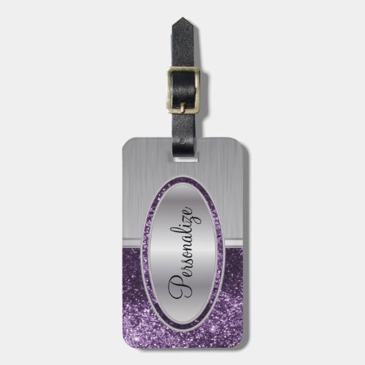 Étiquette À Bagage Parties scintillant violet et brosse métallique ac (Devant Vertical)