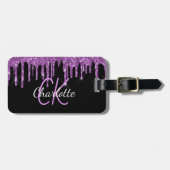 Étiquette À Bagage Parties scintillant violet noir gouttes nom monogr (Devant horizontal)