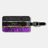Étiquette À Bagage Parties scintillant violette et Damas noir (Devant horizontal)