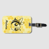 Étiquette À Bagage Pastel Yellow Honeycomb Cute Bee Personalised (Devant Horizontal)