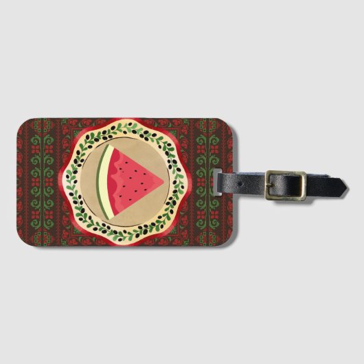 Étiquette À Bagage pastèque sur plaque d'olive avec tatreez palestini (Devant Horizontal)