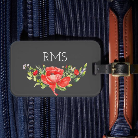 Étiquette À Bagage Pavot rouge sur gris Monogramme personnalisable (Insitu Rectoal 4)