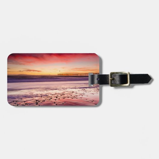 Étiquette À Bagage Paysage et jetée au coucher du soleil, CA (Devant horizontal)
