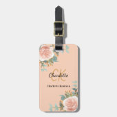 Étiquette À Bagage Peach rose or floraux monogramme élégant (Devant Vertical)