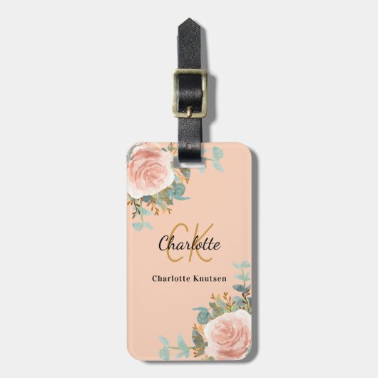 Étiquette À Bagage Peach rose or floraux monogramme élégant (Devant Vertical)