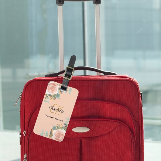 Étiquette À Bagage Peach rose or floraux monogramme élégant