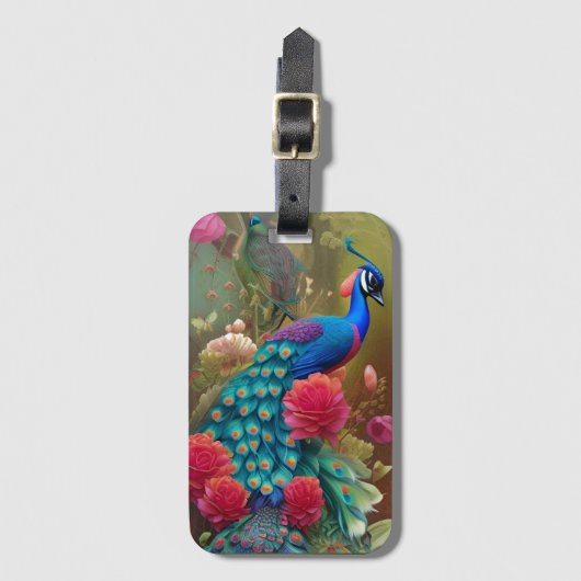 Étiquette À Bagage Peacock bleu dans Rose Garden (Devant Vertical)