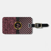 Étiquette À Bagage Peau de léopard et rayures roses poussiéreuses - (Devant horizontal)