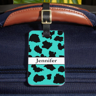 Étiquette À Bagage Peau de vache Noir Blanc Et Motif Turquoise