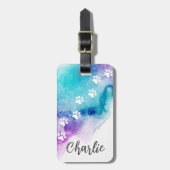 Étiquette À Bagage Peinture à l'eau violette Empreinte de patte (Devant Vertical)