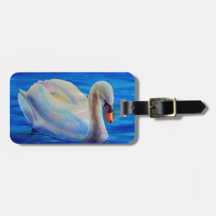 Étiquette À Bagage Peinture d'aquarelle de cygne blanc, sauvagine, oi
