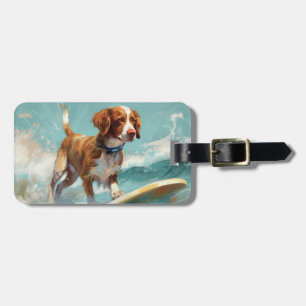 Étiquette À Bagage Peinture de Brittany Spaniel surfant sur la plage