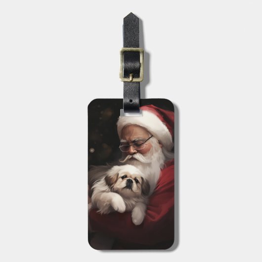 Étiquette À Bagage Pekingese avec le Père Noël Festif Noël (Devant Vertical)