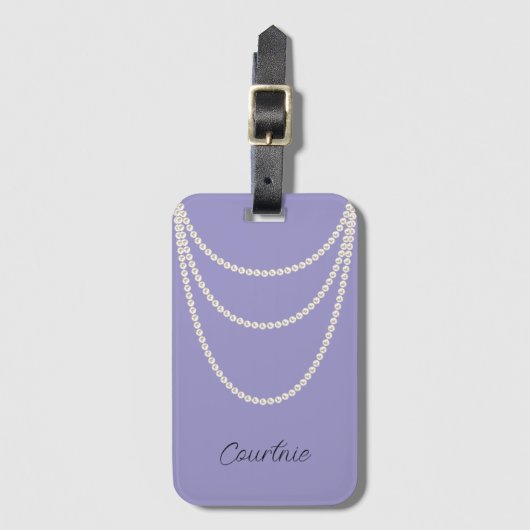 Étiquette À Bagage Perles blanches violettes glamées (Devant Vertical)