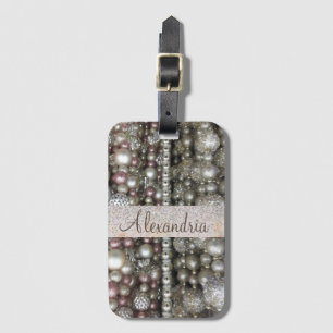 Étiquette À Bagage Perles d'argent et de rose Glittery personnalisées