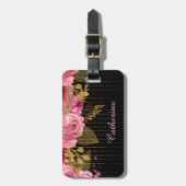 Étiquette À Bagage Perles d'or roses roses sur noir (Devant Vertical)