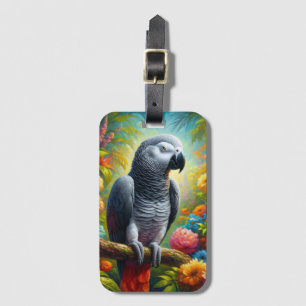 Étiquette À Bagage Perroquet gris africain aux fleurs colorées