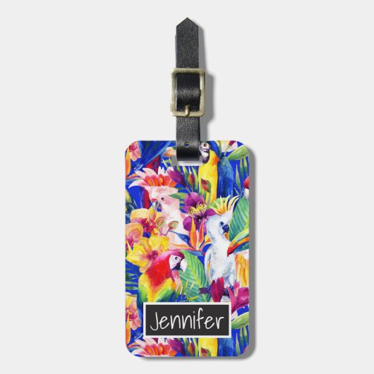 Étiquette À Bagage Perroquets aquarelle de nom personnalisé (Devant Vertical)