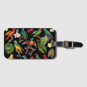 Étiquette À Bagage Perroquets tropicaux colorés, Feuilles et fleurs