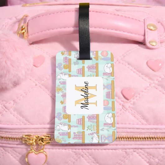 Étiquette À Bagage Personalized Cats Library Book Girl Mint Green