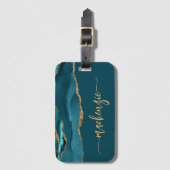 Étiquette À Bagage Personalized Signature Teal Blue Gold Agate (Devant Vertical)