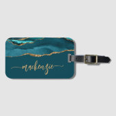 Étiquette À Bagage Personalized Signature Teal Blue Gold Agate (Devant Horizontal)