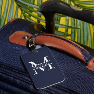 Étiquette À Bagage Personnalisé Elegant Navy Blue Monogramme et nom