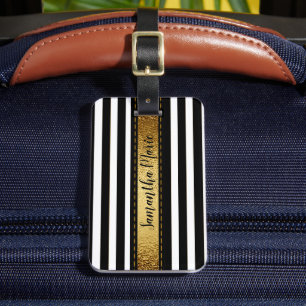 Étiquette À Bagage Personnalisé Rayé Noir Blanc Or