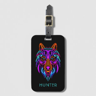 Étiquette À Bagage Personnalisé Tribal Neon Wolf