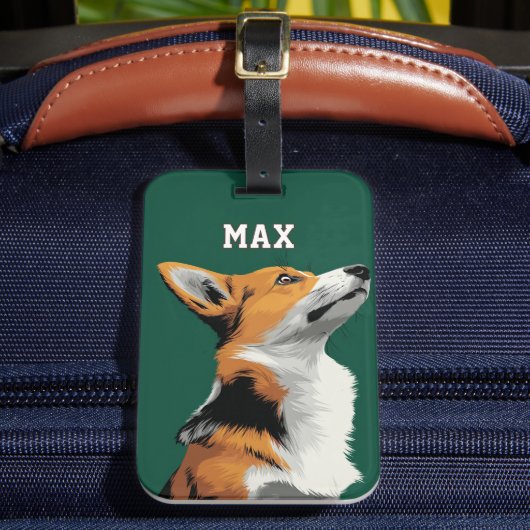 Étiquette À Bagage Petit Corgi sur Fond Vert (Insitu Rectoal 2)