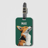 Étiquette À Bagage Petit Corgi sur Fond Vert (Devant Vertical)