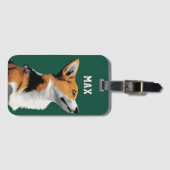 Étiquette À Bagage Petit Corgi sur Fond Vert (Devant Horizontal)