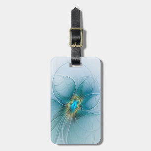 Étiquette À Bagage Petite Beauté Moderne Fleur d'Art Fractal Bleu Or