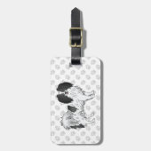 Étiquette À Bagage Phalène Noir Et Blanc Joyeux Chien Fluffy Sur Des (Devant Vertical)