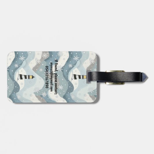 Étiquette À Bagage Phare avec Vagues Icy Hiver Monogramme Nautique (Dos horizontal)