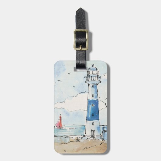 Étiquette À Bagage Phare bleu et blanc (Devant Vertical)