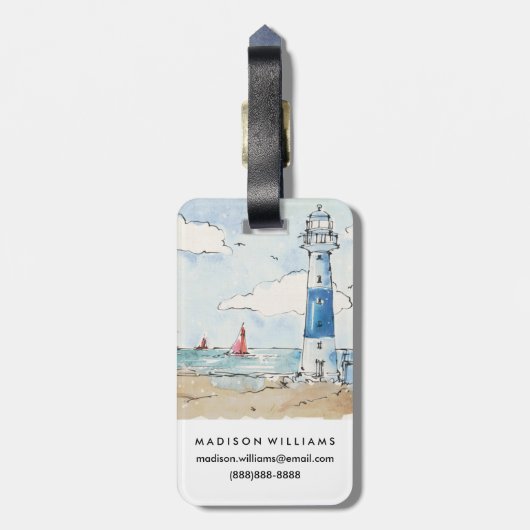 Étiquette À Bagage Phare bleu et blanc (Dos Vertical)