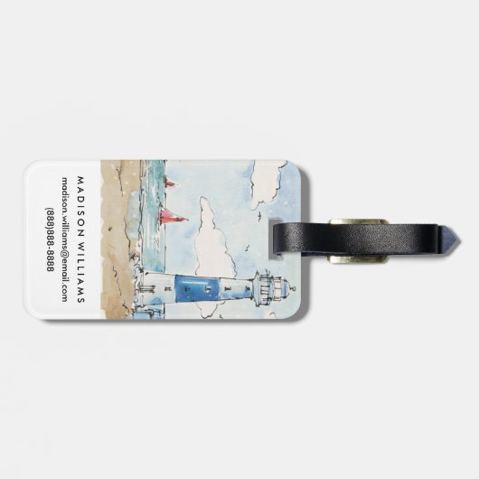 Étiquette À Bagage Phare bleu et blanc (Dos horizontal)