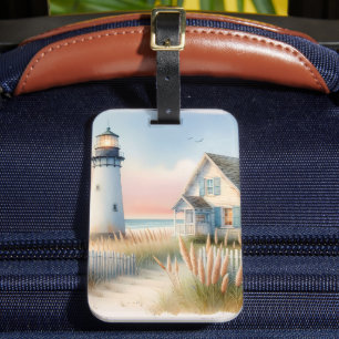 Étiquette À Bagage Phare et cottage au bord de la mer, scène aquarell