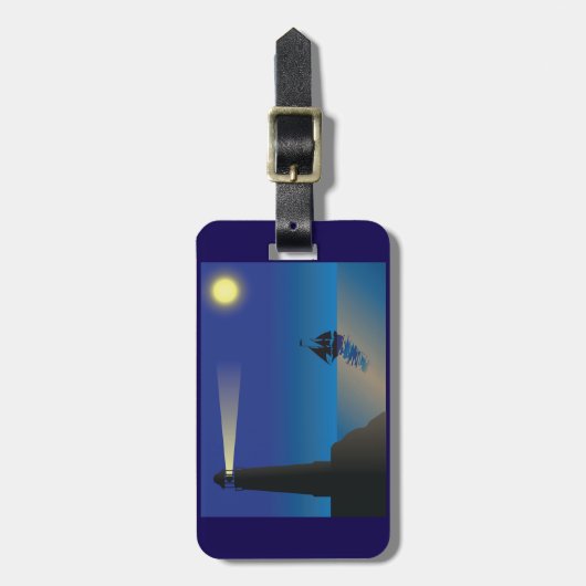 Étiquette À Bagage Phare et voilier à Night Moonlit Ocean (Devant Vertical)