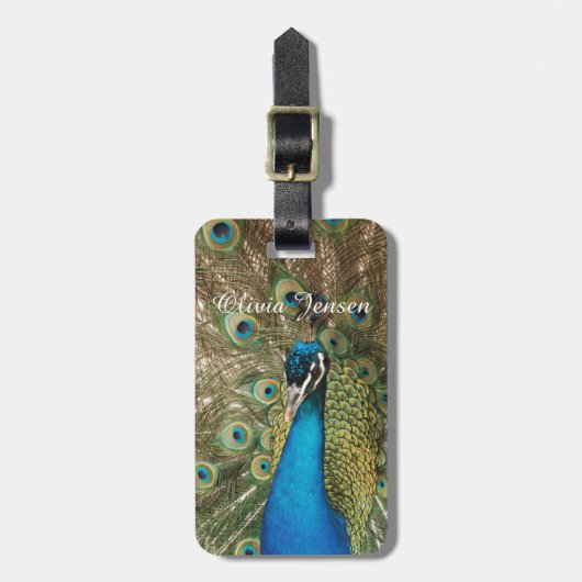 Étiquette À Bagage Photo de beau paon avec les plumes écartées (Devant Vertical)
