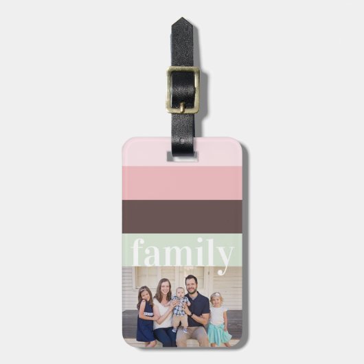 Étiquette À Bagage Photo moderne rose, vert, Brown rayé (Devant Vertical)