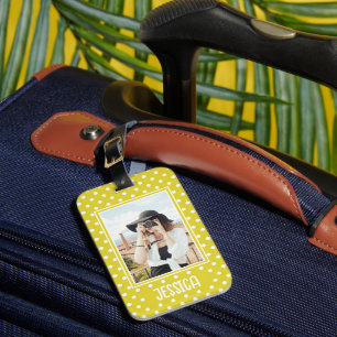 Étiquette À Bagage Photo personnalisée et nom de la Polka jaune vif