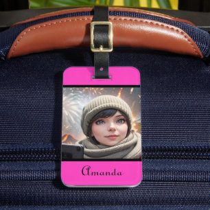 Étiquette À Bagage photo personnalisée rose néon clair