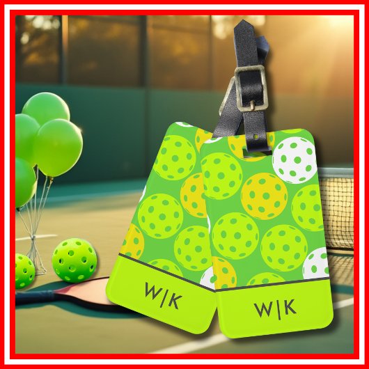 Étiquette À Bagage Pickleball Vert Monogrammé Moderne et Cool