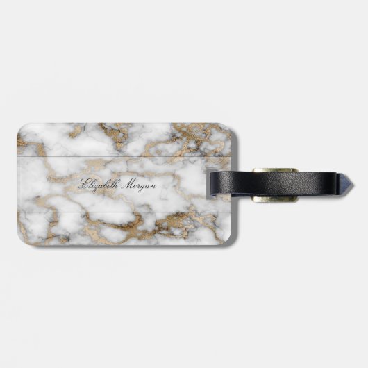 Étiquette À Bagage Pierre cool blanc Marbre or Texture, Monogramme (Dos horizontal)