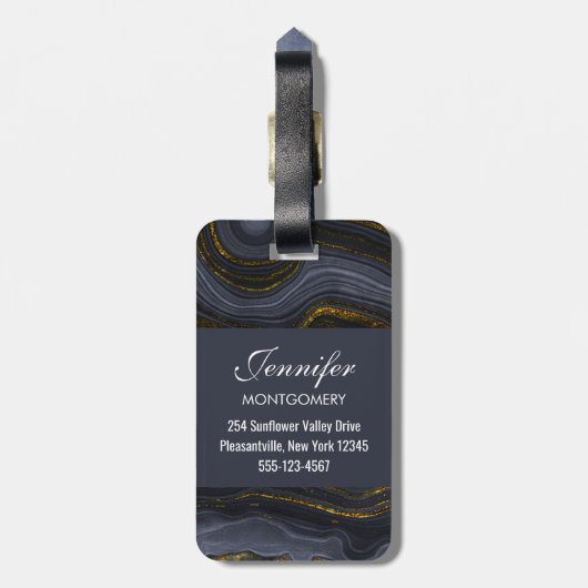 Étiquette À Bagage Pierre d'Agate Noir & Or moderne Abstrait (Dos Vertical)